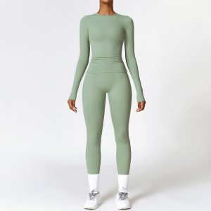 Women's 2 Piece Seamless Yoga Set, Long Sleeve Crop Top & High Waist Leggings, Sage Green