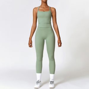 Women's 2 Piece Cami Yoga Set, Spaghetti Strap Top & High Waist Leggings, Sage Green