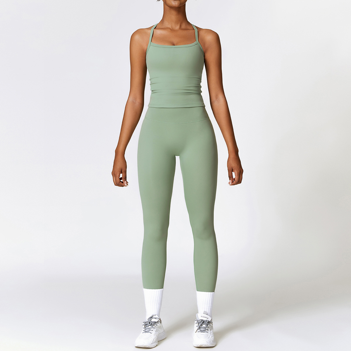 Women's 2 Piece Cami Yoga Set, Spaghetti Strap Top & High Waist Leggings, Sage Green