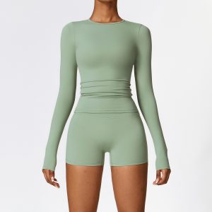 Women's 2 Piece Workout Set, Long Sleeve Top & Biker Shorts, Sage Green