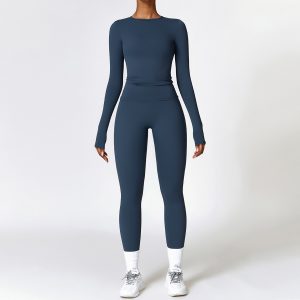 Seamless Workout Set, Long Sleeve Top & High Waist Leggings for Gym, Navy Blue