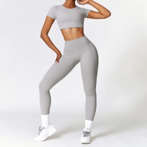 Women's Matching Gym Outfit, Short Sleeve Crop Top & Leggings, Light Gray