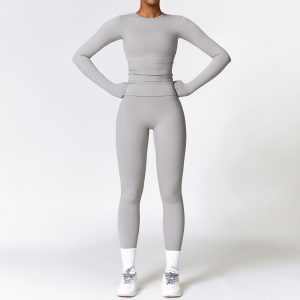2 Piece Activewear Set, Long Sleeve Top & High Waist Leggings, Light Gray