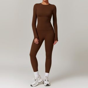 2 Piece Workout Set, Long Sleeve Top & High Waist Leggings, Coffee Brown