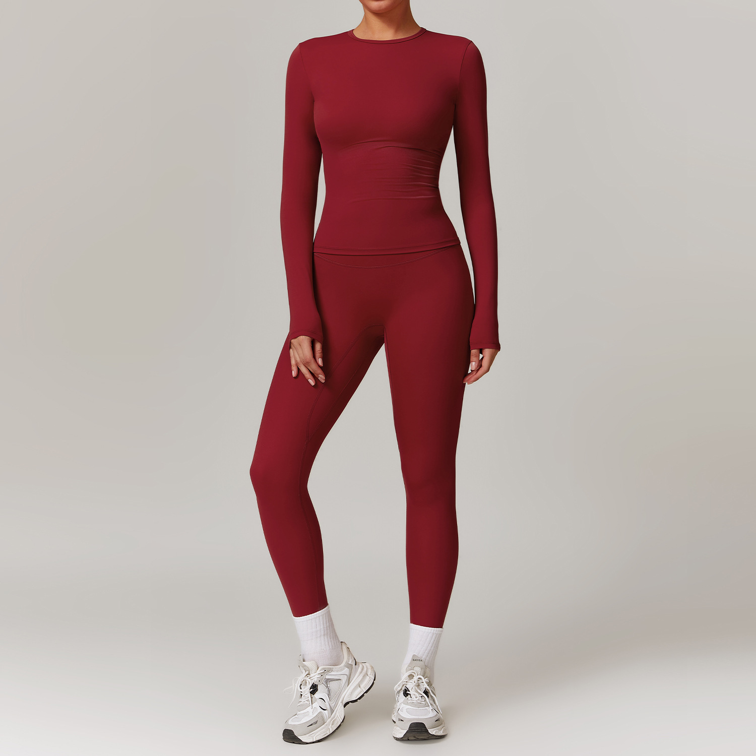 Women's Seamless Yoga Set, Long Sleeve Top & High Waist Leggings, Wine Red
