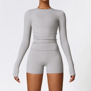 Seamless Workout Set, Long Sleeve Top & Biker Shorts, Light Gray